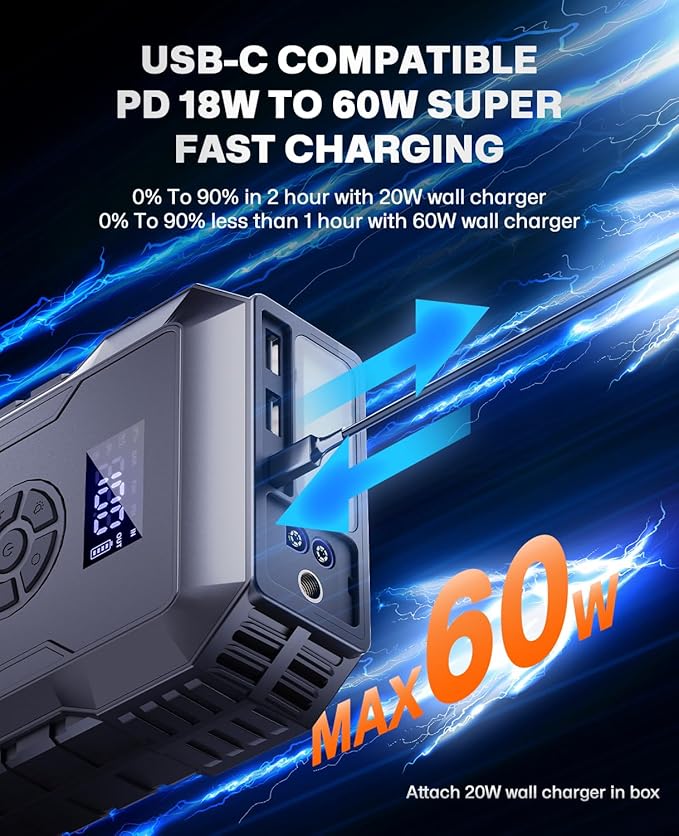 Car Battery Jump Starter with Air Compressor 160PSI,5000A 60W Portable Jump Starter Battery Pack (All Gas/10L Diesel),12V