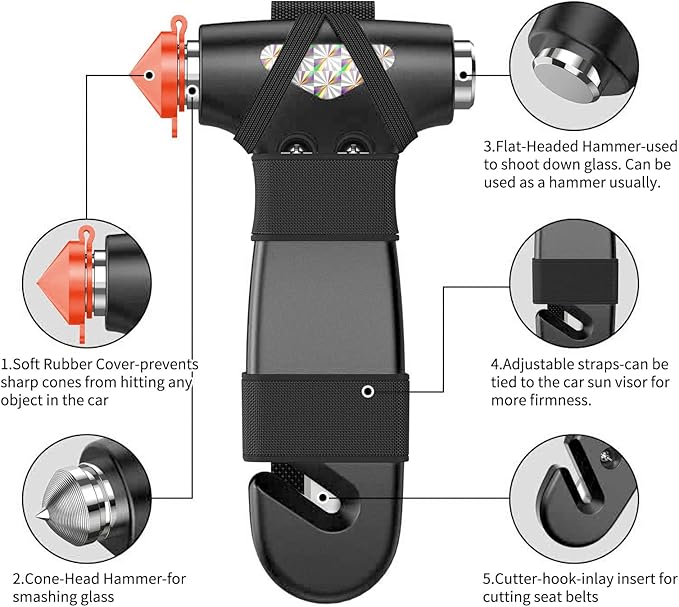 Car Safety Hammer, 2PCS Black 3-in-1 Emergency Escape Tool with Window Breaker and Seat Belt Cutter, Safety Emergency Car Esc