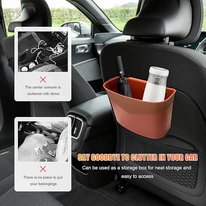 Car Trash Can, Mini Auto Garbage Bin Multipurpose Storage Container with Slot Clip, Waterproof Leather Small Dustbin Interior Accessories for Vehicle Door Front Back Seat (Orange)