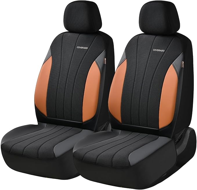 Coverado Seat Covers for Car 2 Seats, Leather Car Seat Covers Fullset, Breathable Mesh Front and Rear Protectors, Brown Luxur