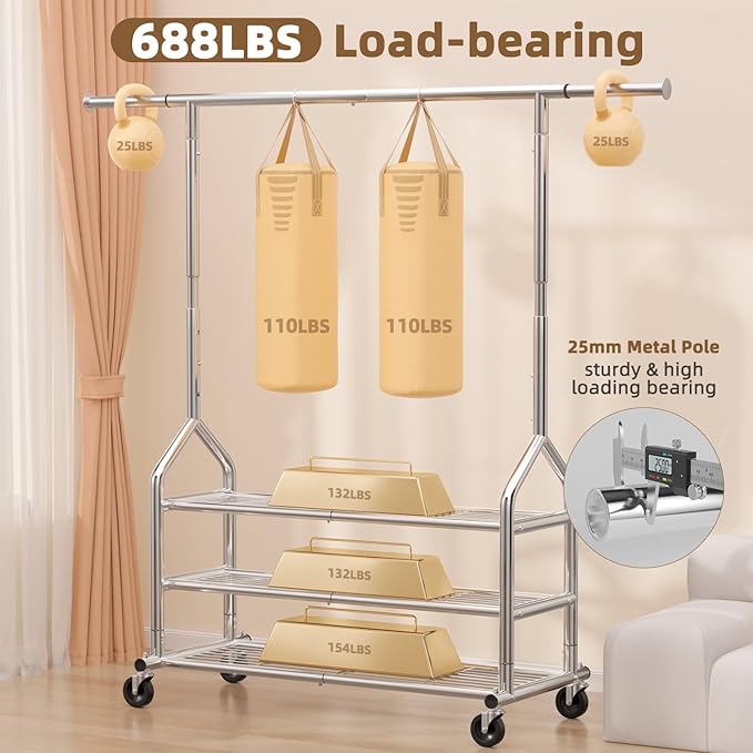 EAGMAK Heavy Duty Clothes Rack Load 688 LBS, Rolling Clothing Rack With 3 Shelves, Adjustable Metal Clothes Hanger with Wheel