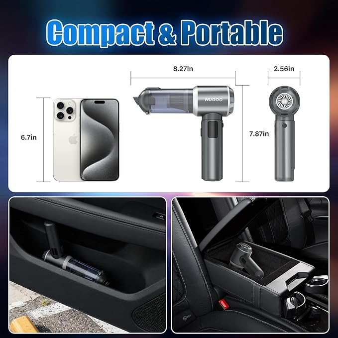 WUDOO 4-in-1 Car Vacuum Cleaner Portable Cordless Dust Remover 20,000 Pa Brushless Motor Powerful Handheld Wireless Charging 