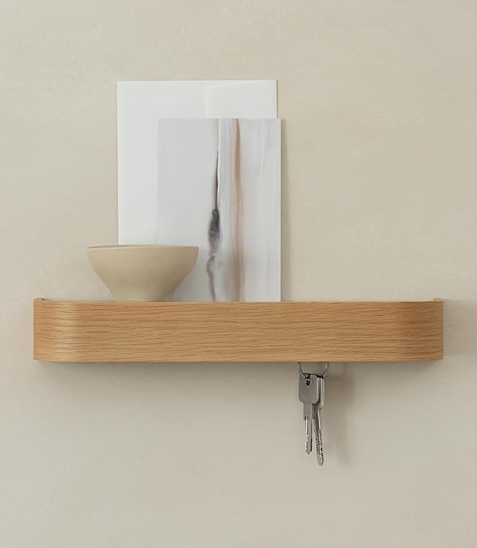 Kazai. Key Holder 'Toke' | Minimalist Key Hook Design from Berlin | Modern Key Holder Wall Mount with Wooden Shelf | Key Rack
