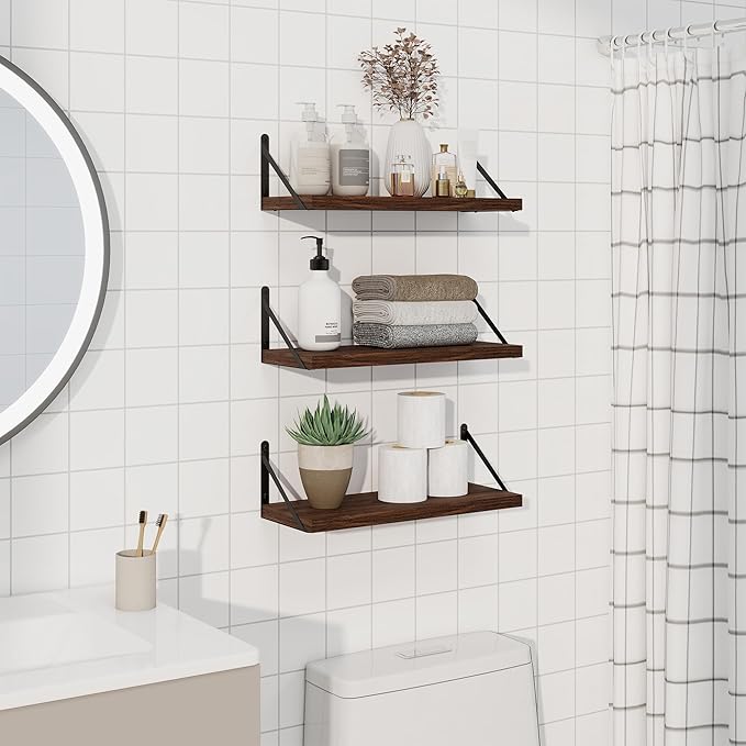 Shelves for Wall, Floating Bookshelves with Brackets, 16 inch Floating Shelves Set of 3, Wall Shelf for Kitchen, Bathroom, Be