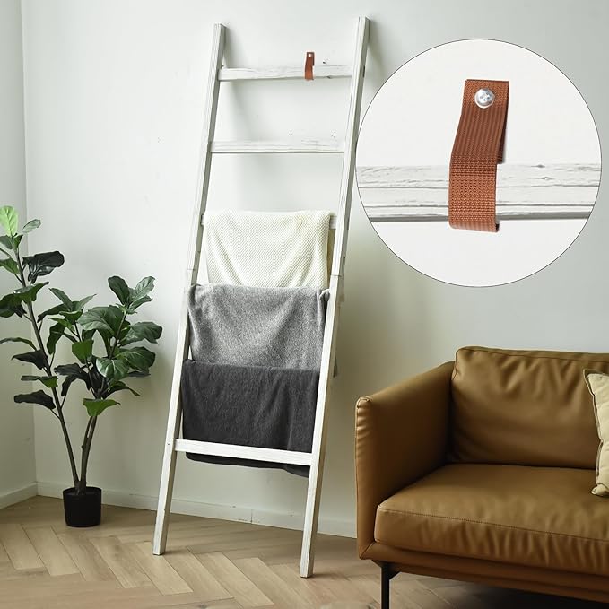 FUIN 6.4ft Extra Wide Wooden Blanket Ladder Living Room Decorative Wal Leaning Farmhouse Quilt Display Holder Rustic Wood Tow