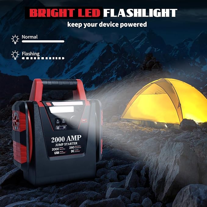 Jump Starter with Air Compressor,2000A Car Battery Jumper Starter 260 PSI Tire Inflator,6 in 1 Auto Lead-Acid Battery