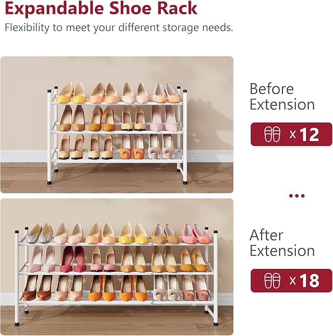 Tajsoon Expandable Shoe Rack for Closet 3 Tier, 28“-41“Adjustable & Stackable Shoe Shelf Storage, Metal Shoe Rack Organizer f
