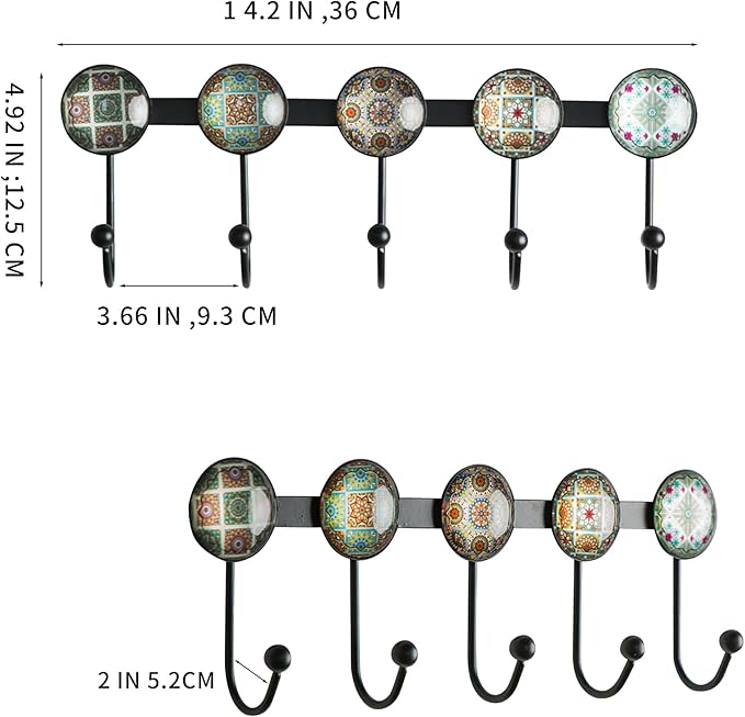 Boho Coat Rack Wall Mounted with 5 Hooks, Forest Theme Mandala Pattern Decorative Wall Hooks for Hanging Hat, Key, Towel, Pur