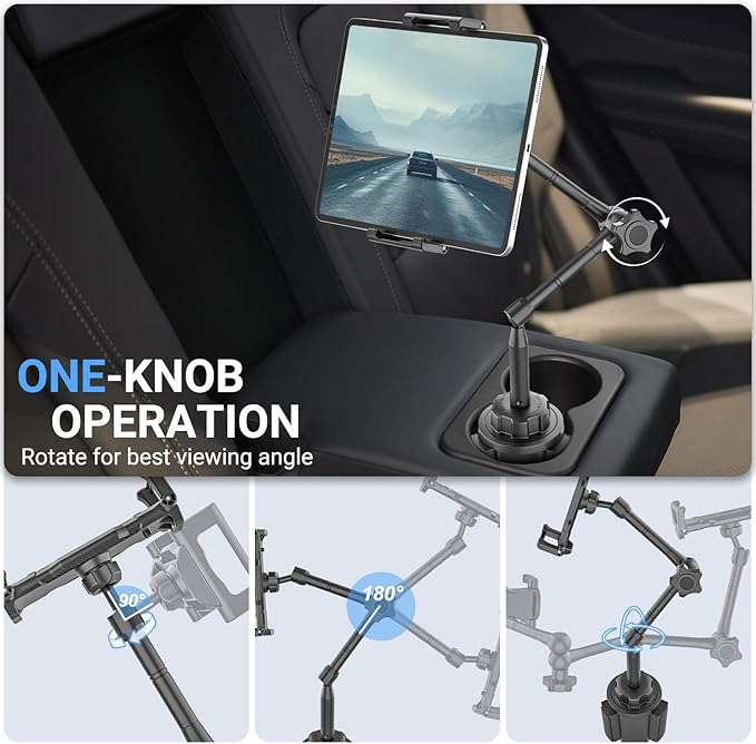 Car Tablet Holder for Cup Holder, Metal Long Arm 360° Rotation Tablet Mount for Truck Golf Treadmill, Fit Thickness Case (Deep Max 1.18'') for iPad Pro/Air/Mini, Galaxy Tab & 6.1-15.6" Devices
