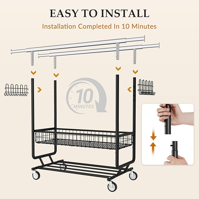 Gewudraw Heavy Duty Clothes Rack with Metal Basket, 1060 LBS Rolling Double Rod Garment Rack, Portable Extendable Clothing Ra