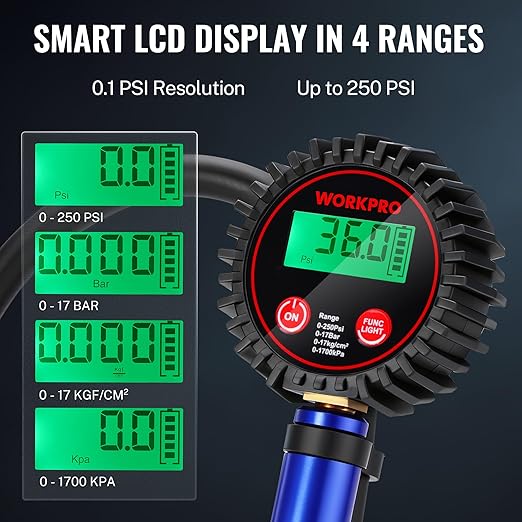 WORKPRO 12PCS Digital Tire Pressure Gauge with Inflator, 250 PSI, Heavy Duty Air Compressor Attachments with Storage Bag, Tire Gauge with Brass Air Chuck and Rubber Hose for Vehicles and Inflatables