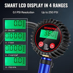WORKPRO 12PCS Digital Tire Pressure Gauge with Inflator, 250 PSI, Heavy Duty Air Compressor Attachments with Storage Bag, Tire Gauge with Brass Air Chuck and Rubber Hose for Vehicles and Inflatables