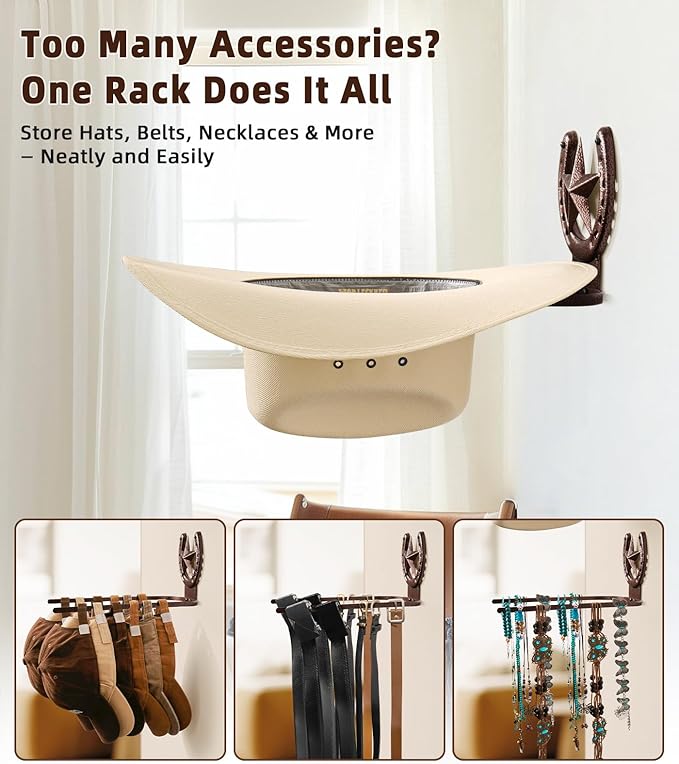 Cowboy Hat Rack Wall Mount,Cowboy Hat Holder for Wall,Western Home Decor,Hat Organizer for Caps,Rustic Horseshoe Star Metal H