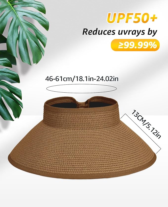 Sun Visor Hat for Women, Wide Brim Straw Summer UV Protection Hat, Foldable Roll-up Packable Beach Cap