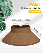 Sun Visor Hat for Women, Wide Brim Straw Summer UV Protection Hat, Foldable Roll-up Packable Beach Cap