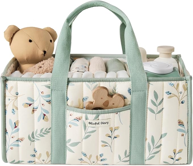 Blissful Diary Leaf Diaper Caddy Organizer, Stylish Nursery Storage Basket, Gift for Baby Shower, Newborn Essentials, Sage Le