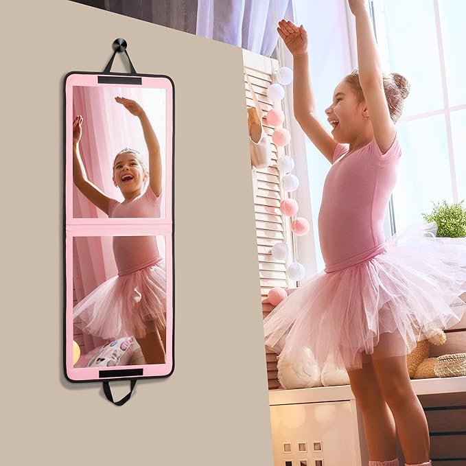 LPHUMEX Foldable Full Length Mirror Pink with Black Handles, 13x33 Portable Folding Body Mirror for Dance, Festival, Travel