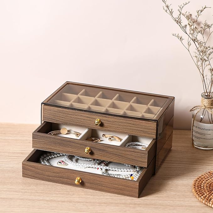 3 Layer Wooden Drawers Jewelry Box Vintage Style Jewelry Organizer with Acrylic Cover, Jewelry Storage Display Box for Ring E