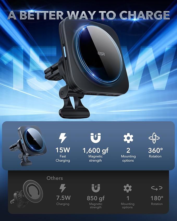 ESR for MagSafe Car Mount Charger,15W Magnetic Wireless Car Charger, for MagSafe Car Charging, Air Vent Dashboard Phone Holder Mount for iPhone Air 17 Pro Max 16 15 14 13 12, Galaxy S25, Fast Charging