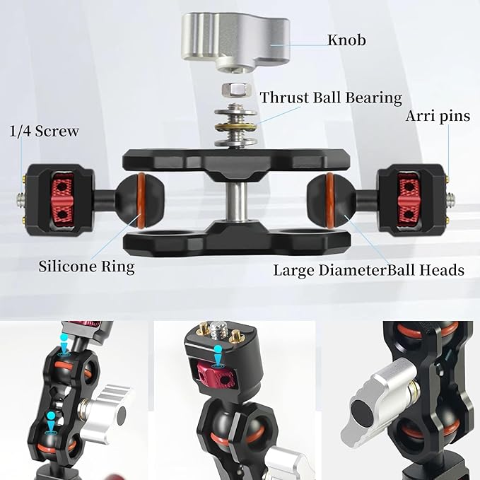 CNC Machined 4.5in Suction Cup Camera Mount with Ball Head Magic Arm, 1/4" ARRI Holes, Quick Release Car Mount with Phone Holder&Action Camera Adapter Compatible with DJI OSMO Pocket3 Insta360 iPhone