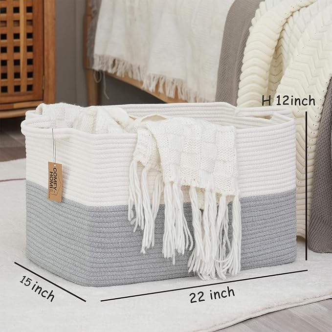 COMFY-HOMI Large Rectangle Laundry Storage Basket | Cotton Rope Woven, Organizing with Handle | Dirty Cloth & Baby Shower Bas