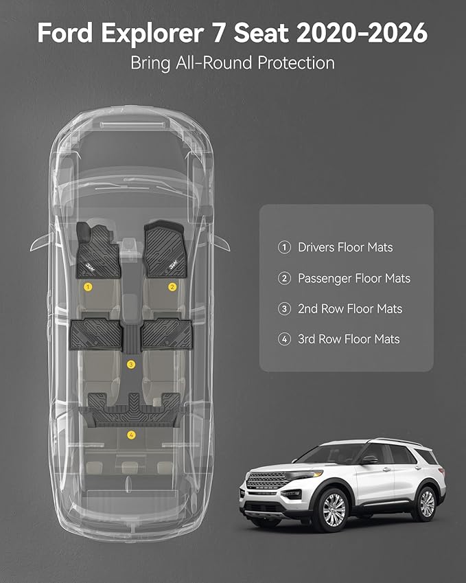 3W Floor Mats Custom Fit for 2020-2023 2024 2025 Ford Explorer 7 Passenger, All Weather TPE Full Set Car Accessories Floor Liner Including 3 Rows Car Mats (Includes Explorer Hybrid)