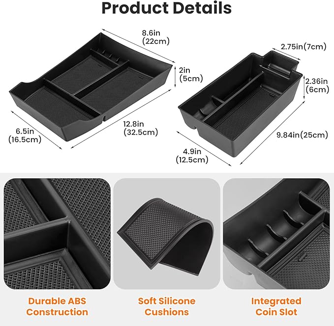 2Pcs Center Console Organizer compatible with Nissan Rogue 2021-2026, Armrest Insert Secondary Tray Lower Console Storage Box, Rogue Interior Accessories, Black ABS Plastic