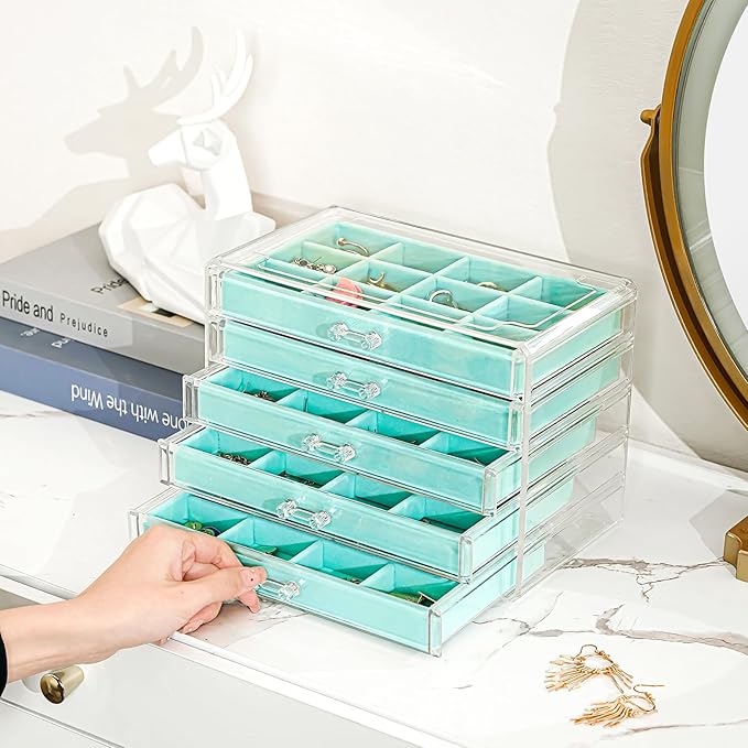 ProCase Earring Holder Organizer Jewelry Box with 5 Drawers, Acrylic Clear Earring Case with Adjustable Velvet Trays for Wome