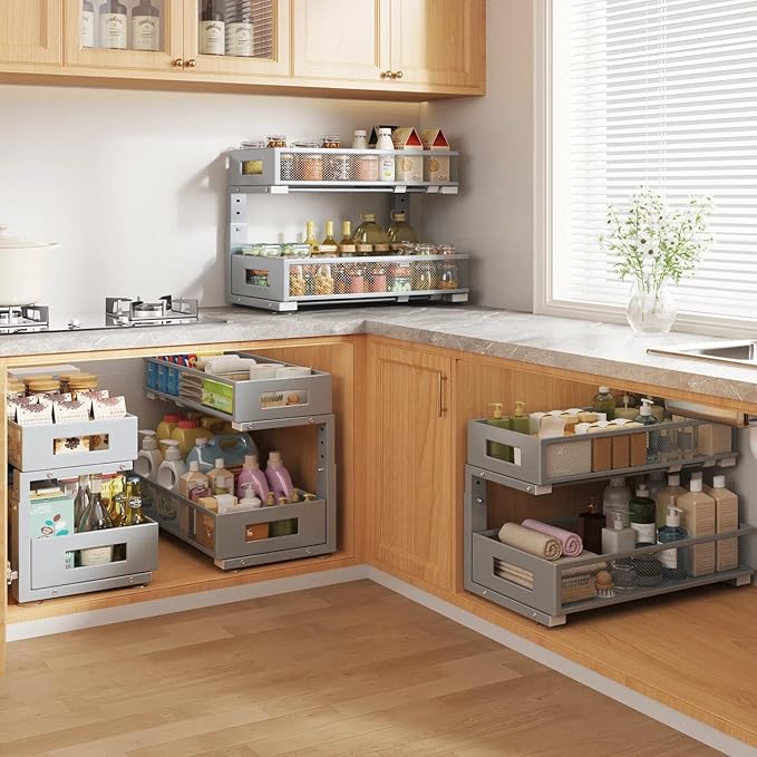 2 Packs 19IN Depth Under Sink Organizer, 2-Tier Pull Out Cabinet Organizer With Smooth Circular Rail, Large Capacity Metal Me