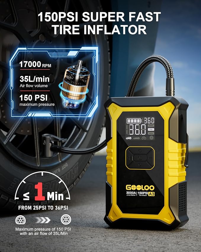 GOOLOO A3 Jump Starter with Air Compressor, 3000A Portable Car Battery Jumper Starter (9.0L Gas/6.5L Diesel) with