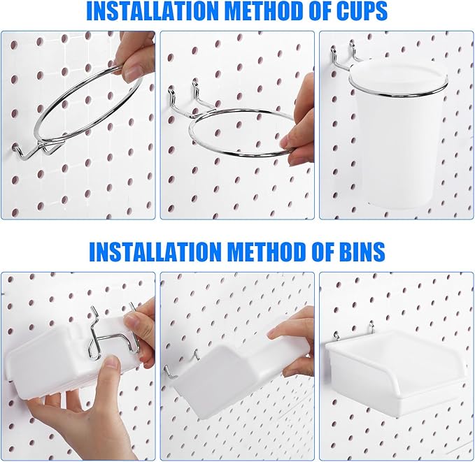 Sieral 64 Pieces Pegboard Bins Pegboard Cups with Hooks and Loops Peg Hooks Assortment Organizer Accessory for Organizing Acc