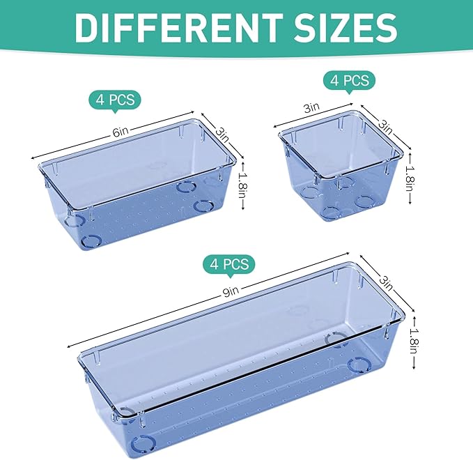 WOWBOX 9 Pack Clear Drawer Organizer Set, Acrylic Drawer Storage Trays, Storage Bins for Makeup, Cosmetics, Jewelries, Utensi