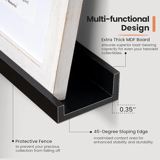 Fun Memories Picture Ledge Shelf, 16 Inch Long Floating Shelves Set of 6, Picture Shelf for Wall with Lip, Large Nursery Book