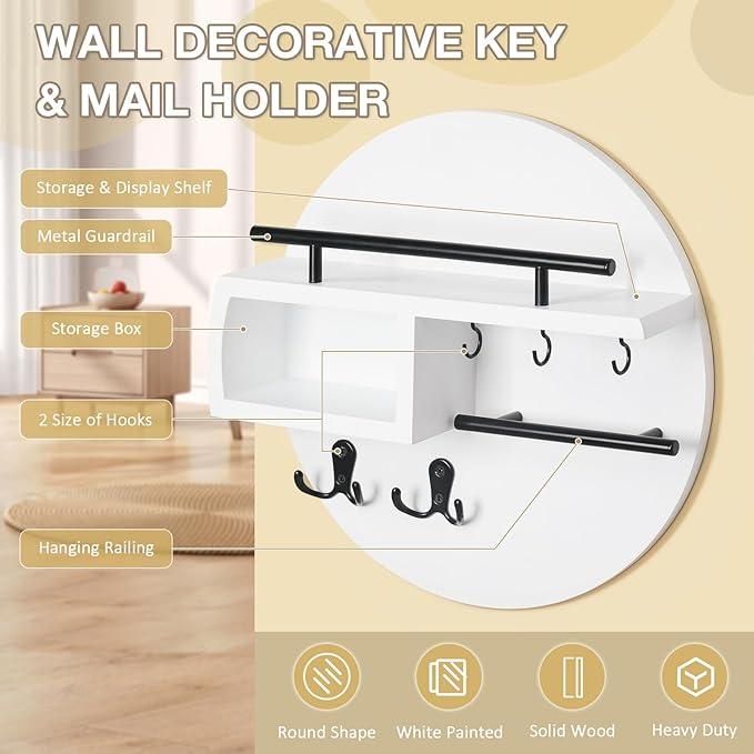 kuaima Key Holder Wall Mount, Round Wooden Key Rack with Shelf, Sunglasses Hanger, Storage Box, Multi Hooks, 12 Inch, White a