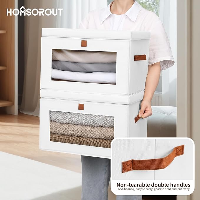 Homsorout Large Clothing Storage Bins - Collapsible Boxes with Handles & Window, Decorative Organizer Bins with Lids, Fabric 