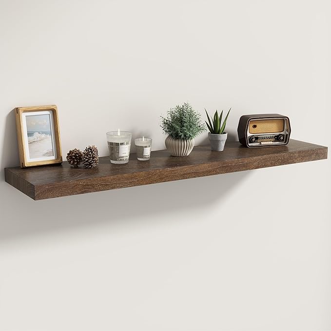 Fun Memories Solid Elm Wood Floating Shelves Set of 1-40 Inch Rustic Wall Shelves with Heavy-Duty Invisible Brackets - for Li