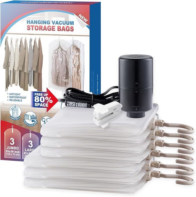 TAILI Hanging Vacuum Sealer Suction Space Saver Storage Bags for Clothes Travel with Electric Air Pump And Rolling Slide Clip