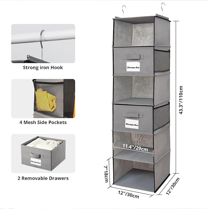 BrilliantJo 2 Pack 6 Shelves Hanging Closet Organizer with 2 Drawer, Hanging Storage with 4 Side Pockets for Clothes Shoes, 4