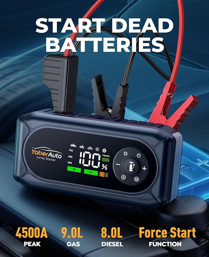 YaberAuto 9-in-1 Jump Starter with Air Compressor 4500A 150PSI Car Battery Jump Starter (9L Gas/8L Diesel), 12V Jump Box Car