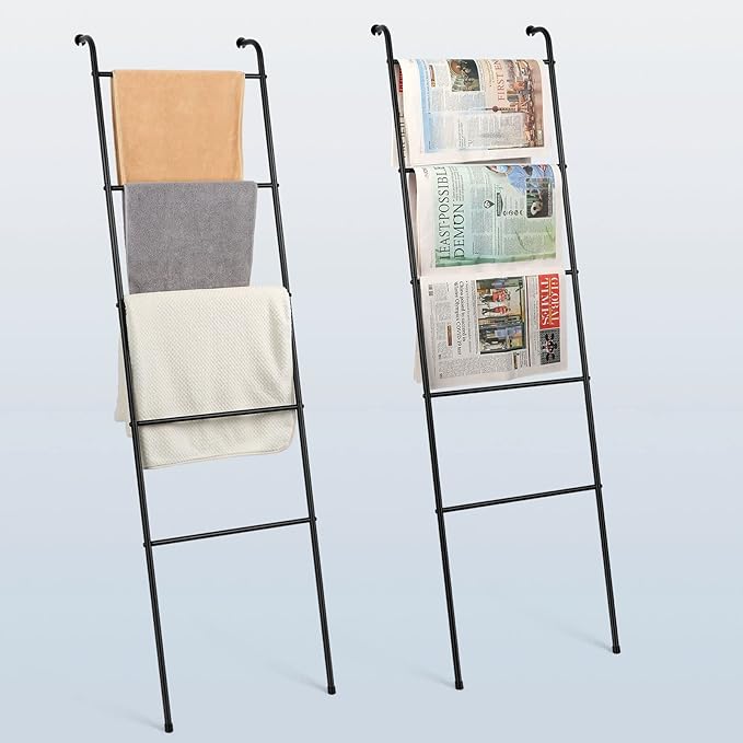 Blanket Ladder Bathroom Towel Holder Decorative Towel Rack 5 Tier Blanket Holder for Living Room Bathroom Laundry Room Black,