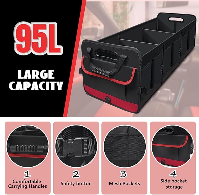 Car Trunk Organizer,Heavy Duty Collapsible 95 L Capacity Car Trunk Storage Organizer,Multi-Compartment Pockets, Adjustable Stra