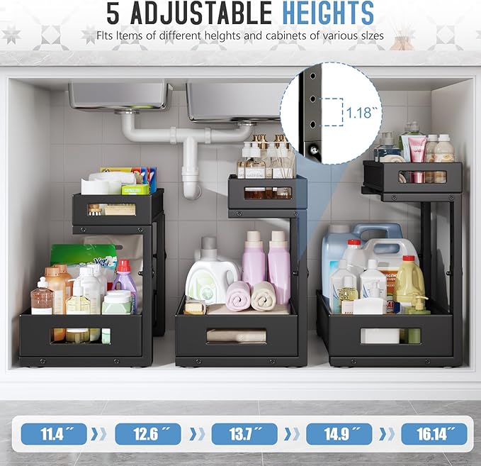 1 Pack-11.4"-16.14"H Under Sink Storage Organizer, Large 2-Tier Elegant Mesh Pull Out Shelf for Kitchen and Bathroom Cabinet 