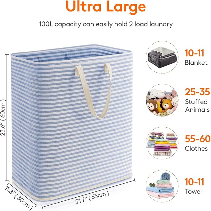 Lifewit 1 Pack Laundry Basket 100L Each, Collapsible Clothes Hamper with Reinforced Handles, Freestanding Waterproof Design f