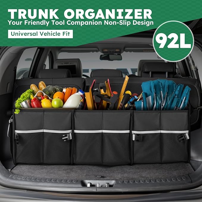 Heavy-Duty Trunk Organizer & Multi-Compartment Storage Box for SUV/Sedan/Minivan,600D Waterproof Oxford,2 Securing Hooks &