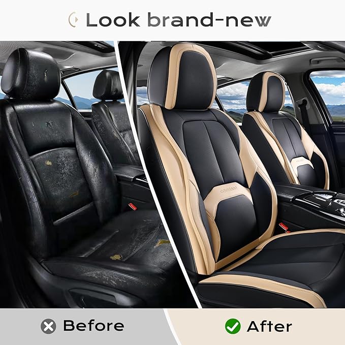Coverado Car Seat Covers, Leather Seat Covers Full Set, Waterproof Car Seat Protector with Lumbar Support, Automotive Seat Co
