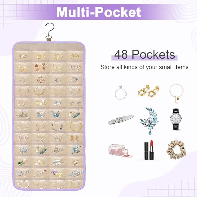 Dynoro Double-Sided Hanging Jewelry Organizer, Lavender Storage Roll for Earrings, Necklaces, Rings, 48 Pockets 21 Hooks, Dur
