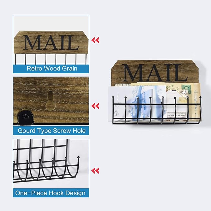 SRIWATANA Rustic Mail Holder Organizer, Key Holder Wall Mount Mail Sorter for Hallway Foyer and Home Decoration - Carbonized 