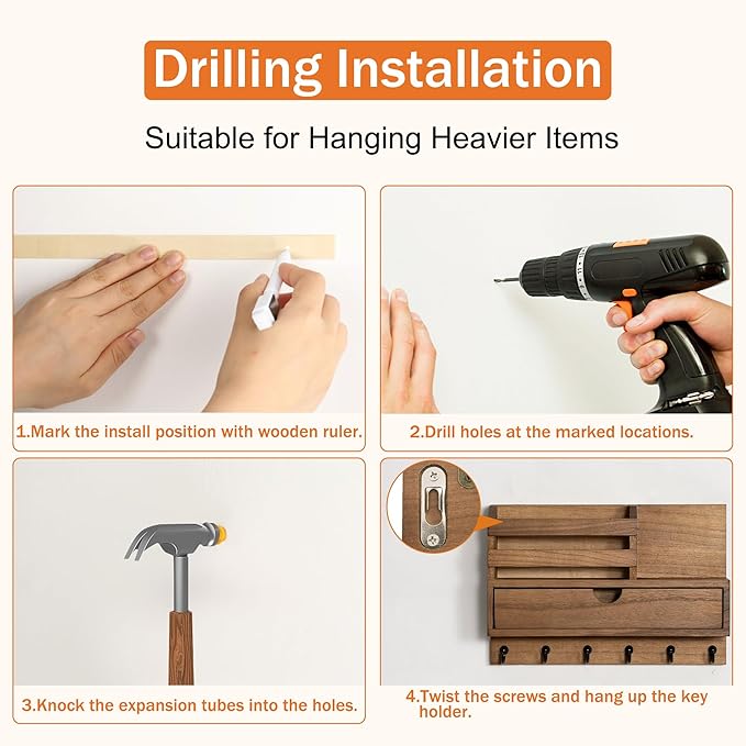 dreampossible Key and Mail Holder for Wall, Mail Organizer Wall Mount with 6 Hooks and Storage Drawer, Wooden Key Rack Hanger
