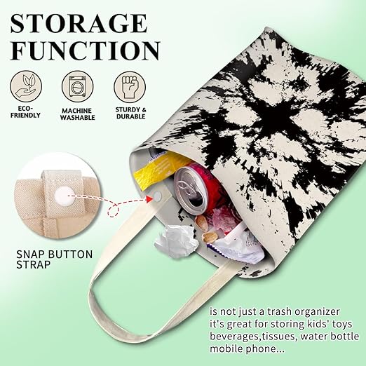 Car Trash Can, Cute Car Trash Bag, Hanging Car Organizer and Storage Bag, Trash Bin for Car Accessories, Vehicle, Travelling, Camping White Black Print