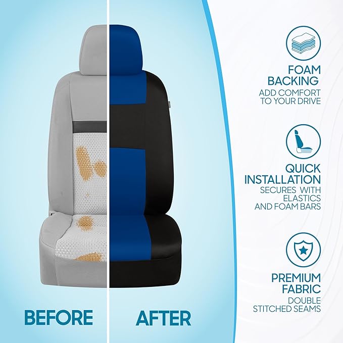BDK PolyPro Car Seat Covers Full Set in Blue on Black, Front and Rear Split Bench Seat Covers for Cars, Easy to Install Car S